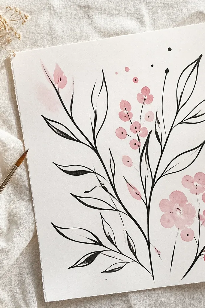 Black ink leaf outlines with expressive brush strokes; leaves have minimal vein marks; soft pink watercolor blooms appear as light washes and dot clusters.