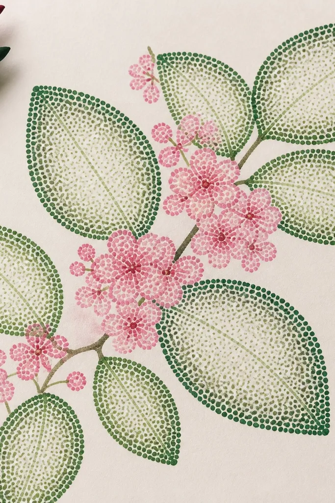 Leaf shapes filled with marker dot patterns; dots are denser near leaf edges and lighter near the center; pink blossom clusters sit between leaves.