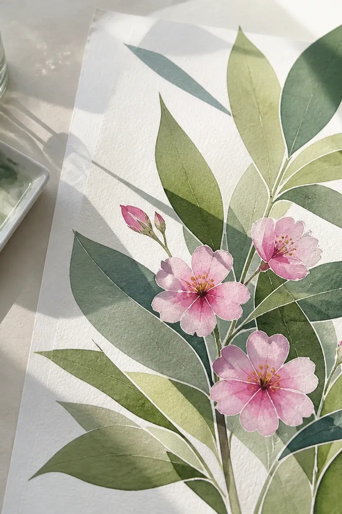 Watercolor leaves with sharp shadow edges created by tape; a subtle white border line separates overlapping leaves; pink blossoms are painted with clean boundaries.