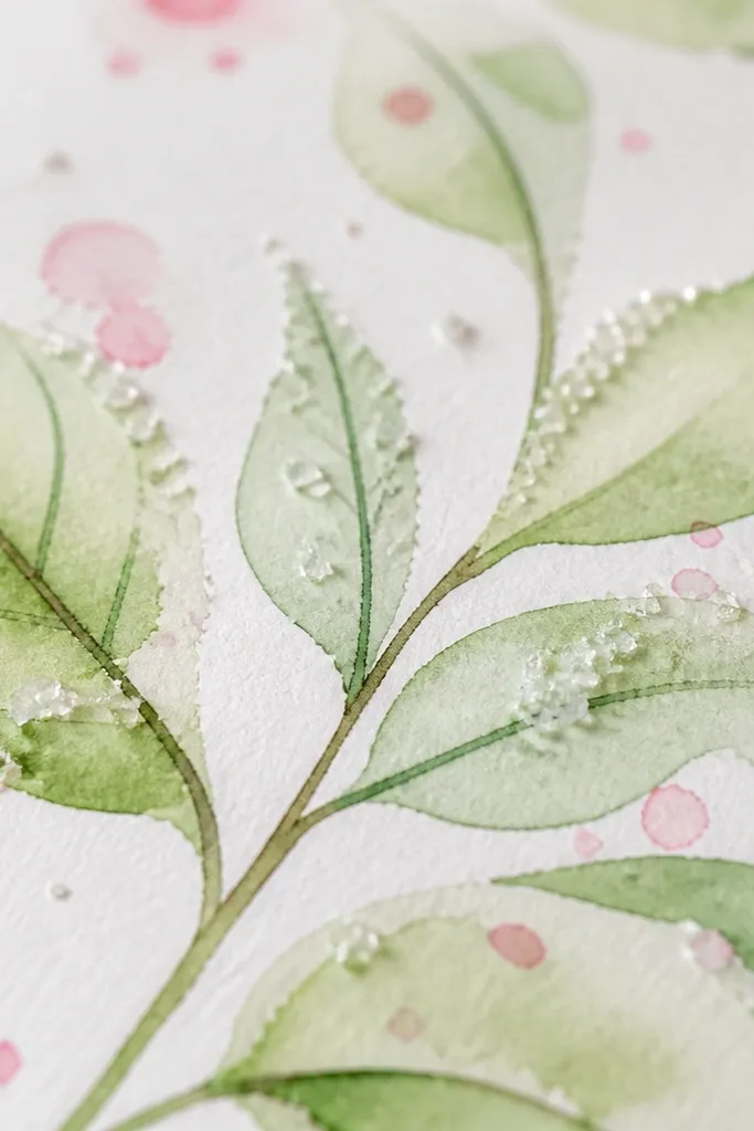 Light green watercolor leaves with tiny salt crystals sparkling near edges; a few darker green vein lines; soft pink blossom dots float on the wash.