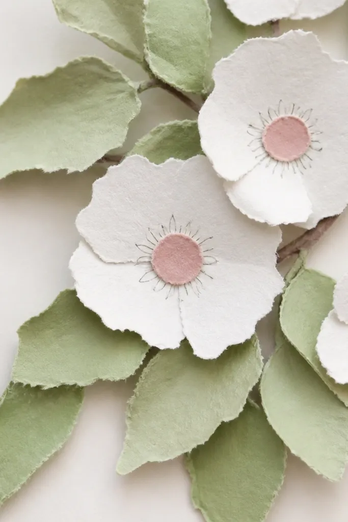 Cut green paper leaves with torn edges showing paper fibers; pink blossom centers are torn paper circles with small drawn petals around them.