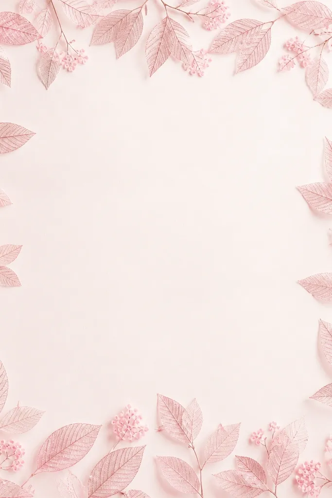 A full-page border of cherry blossom leaves; each leaf has patterned vine lines like a feather, alternating thickness; pink blossoms appear as small rings of dots.