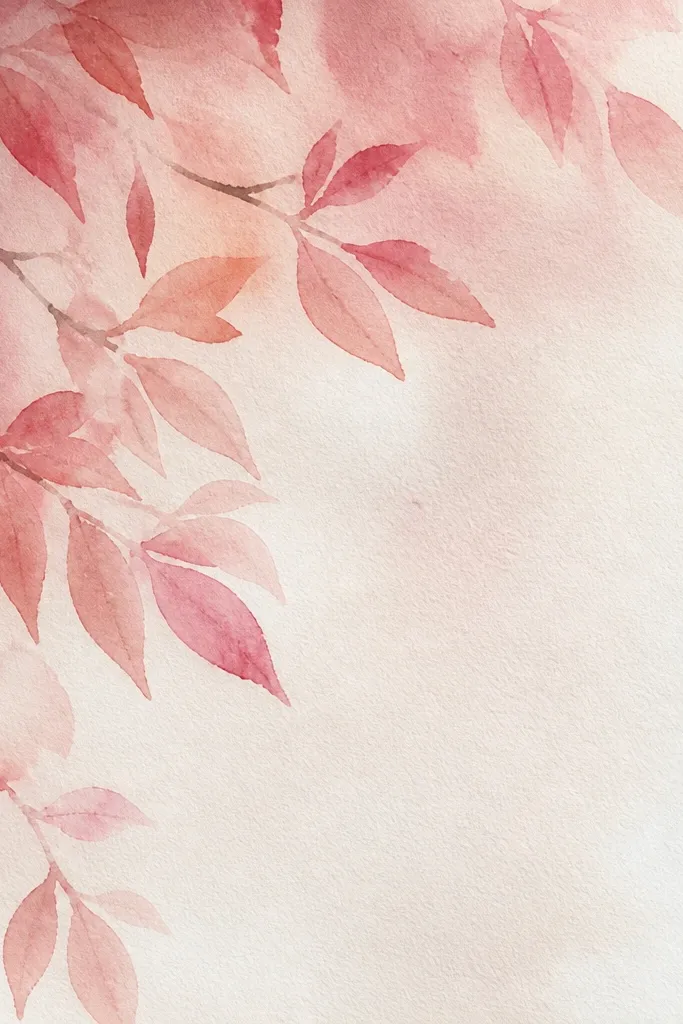 Only the top-left corner has a cluster of overlapping green leaves; the rest of the page stays mostly blank; pink blossoms appear as small accents around the cluster.