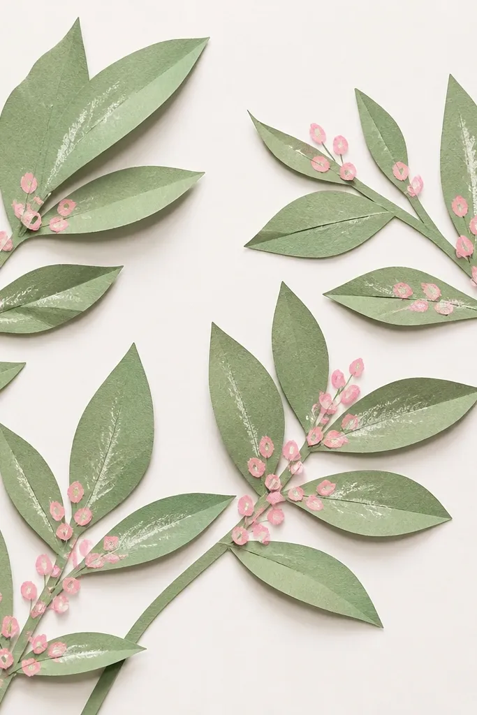 Green paper leaf cutouts layered on a light background; chalk pastel is rubbed into vein areas; pink blossom dots are drawn in marker on top.
