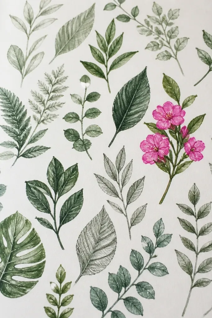 A page filled with green leaf drawings in varying shades of pencil and marker; only one cluster has hot pink blossoms with visible petal strokes.