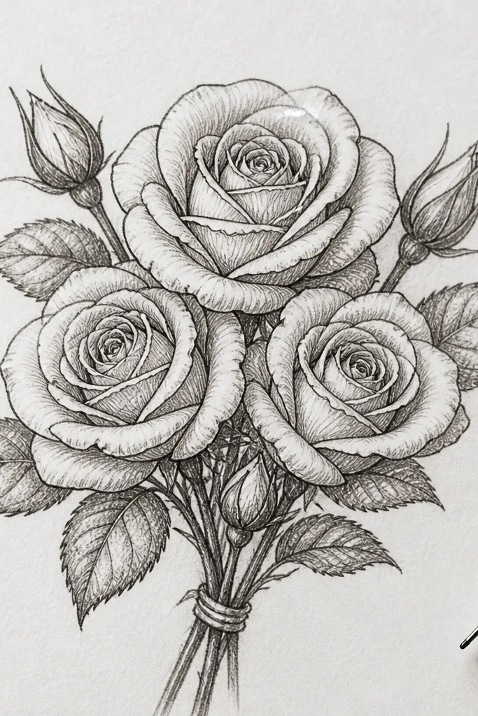 A pencil-and-fineliner drawing of a small rose bouquet where each tiny rose petal is outlined with short comma-shaped strokes, layered tightly at the center. The outer petals have slightly thicker lines, and a single white highlight sits on the topmost petal.