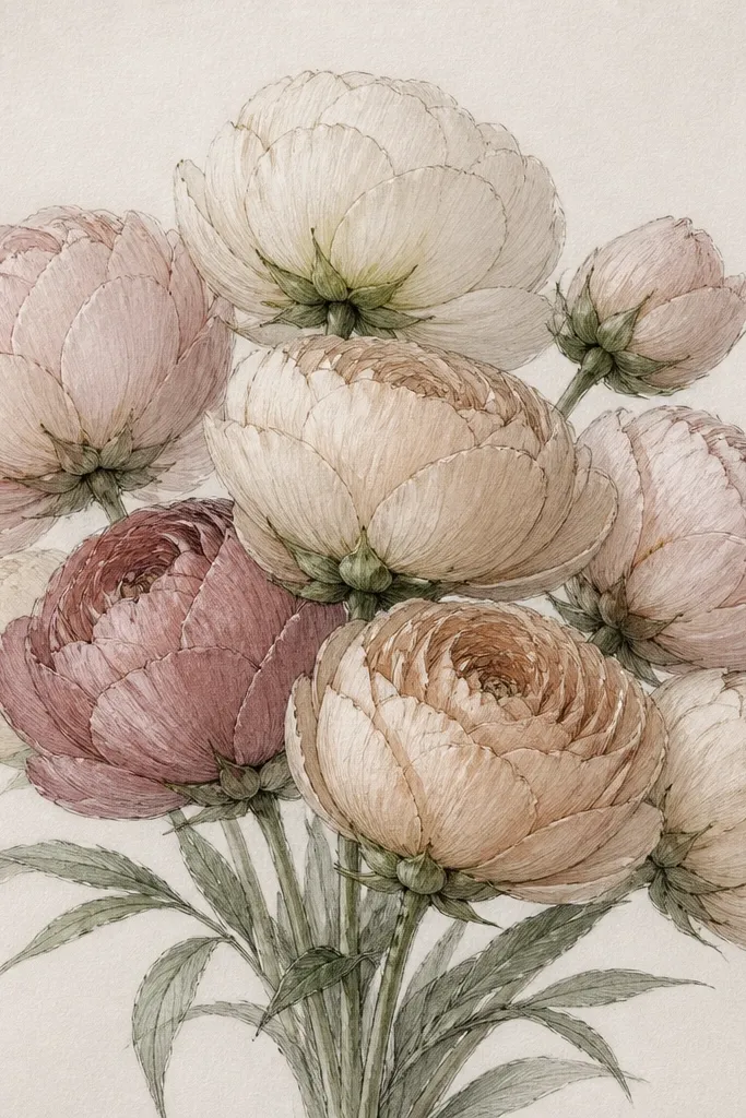 A bouquet sketch showing tiny green calyx rings under each bloom. The rings look like thin cups with 5 little pointed segments, and the stems disappear behind them.