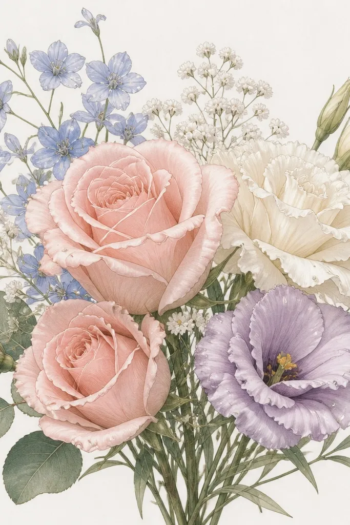 A delicate bouquet drawing where several tiny dew drops sit on petal edges. Each drop is a small teardrop outline with a bright white highlight spot and a faint gray shadow side.