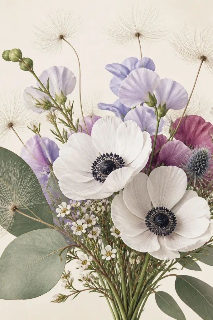 A bouquet drawing includes small seed heads with fine, hair-like tufts. The tufts fan out from a tiny central dot, and one tuft overlaps a leaf.