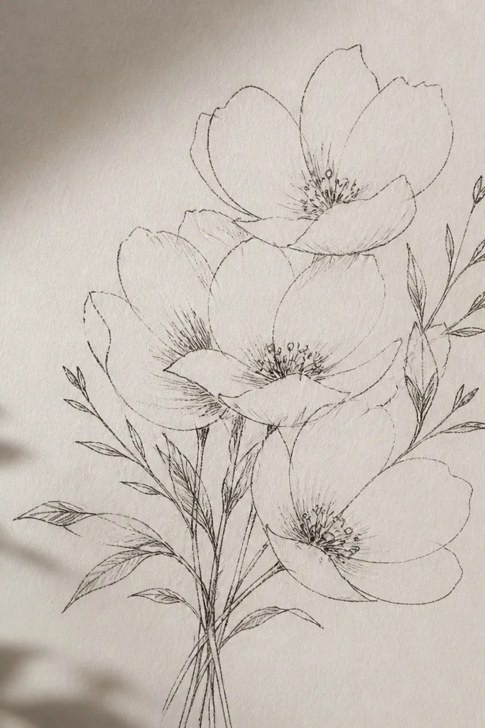 A bouquet sketch where some petals are drawn with intentional breaks. The top petal covers part of the one below, and the hidden edges stop early, leaving a clear layering silhouette.