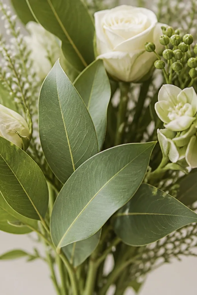 A small bouquet includes multiple leaves where each leaf has one clear central vein. The side veins are short and angled, and the leaves overlap stems in front.