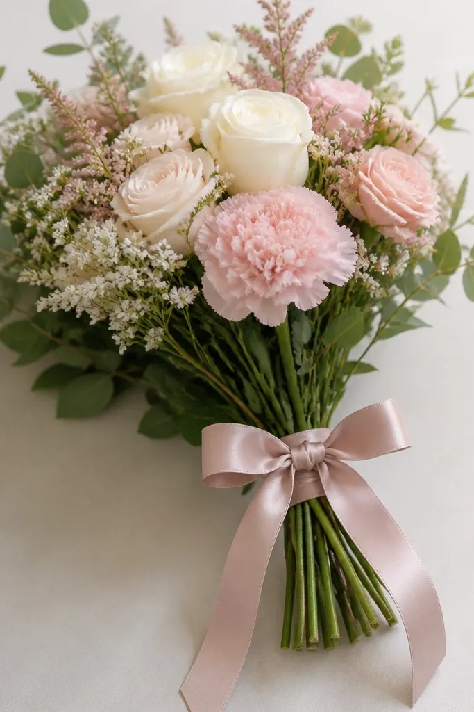 A delicate bouquet includes a small ribbon bow tied near the stems. The ribbon has two loops with fold lines, and the tails curve downward with soft shadow on one side.