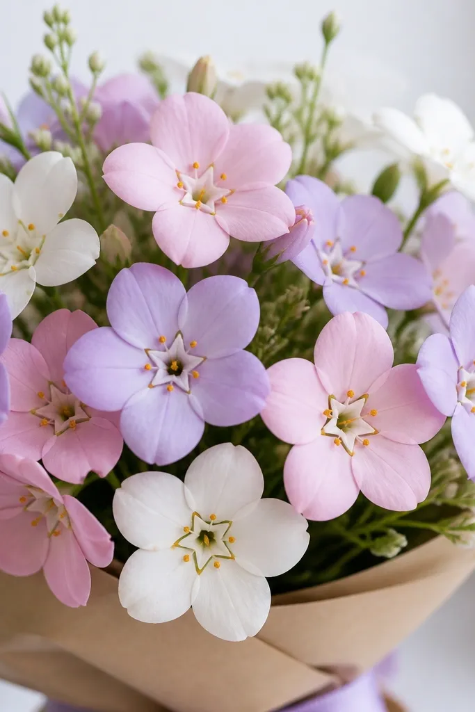 Five-petal flowers in a bouquet have a tiny hollow center drawn as a star-like shape. The center is outlined, leaving a blank space, with small pollen dots around it.