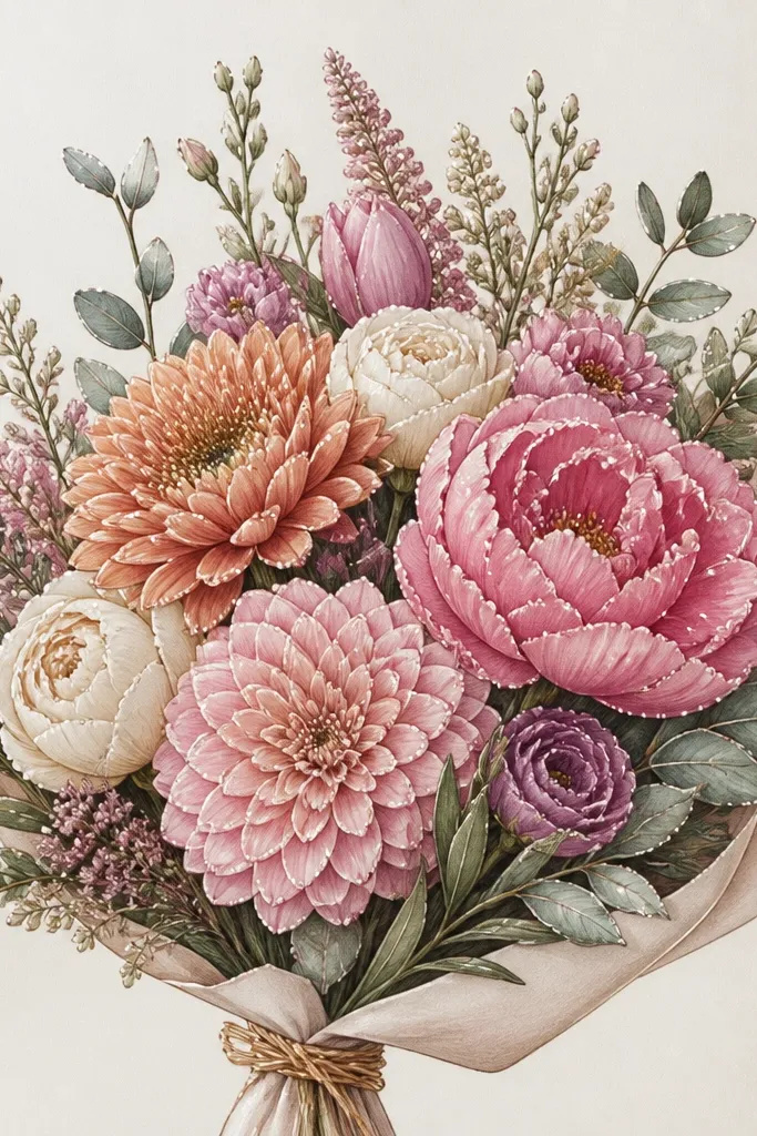 A bouquet drawing where each petal has a tiny white dot or short line near its tip. The dots catch light on the top edges of petals across multiple flowers.