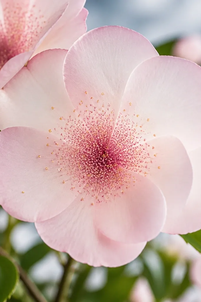 Flower centers are filled with tiny stipple marks. The stippling fades outward, and a few pollen dots sit on top of the stipple for sparkle.