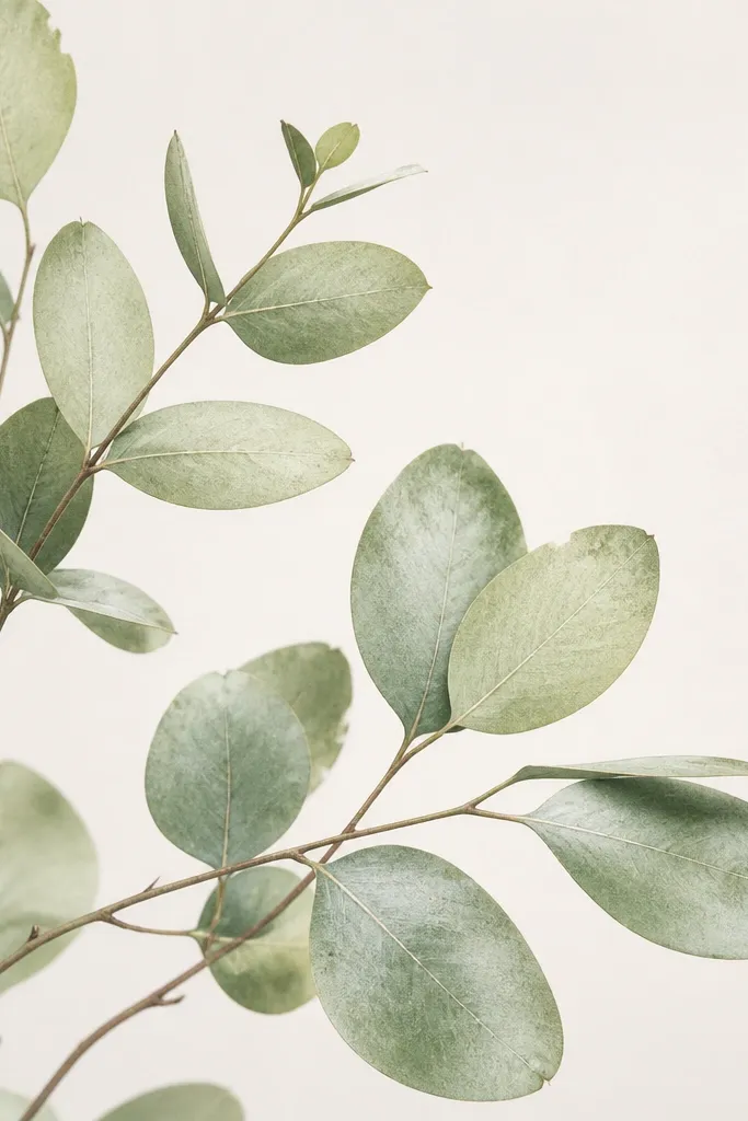 Eucalyptus-style leaves are drawn with soft smudgy texture along their edges. The leaves are pale green with slightly darker speckles near the tips and a clear midrib line.