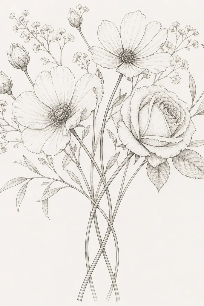 Stems twist in a bouquet drawing. Where stems cross, one stem line disappears behind the other, with a small gap that shows overlap depth.