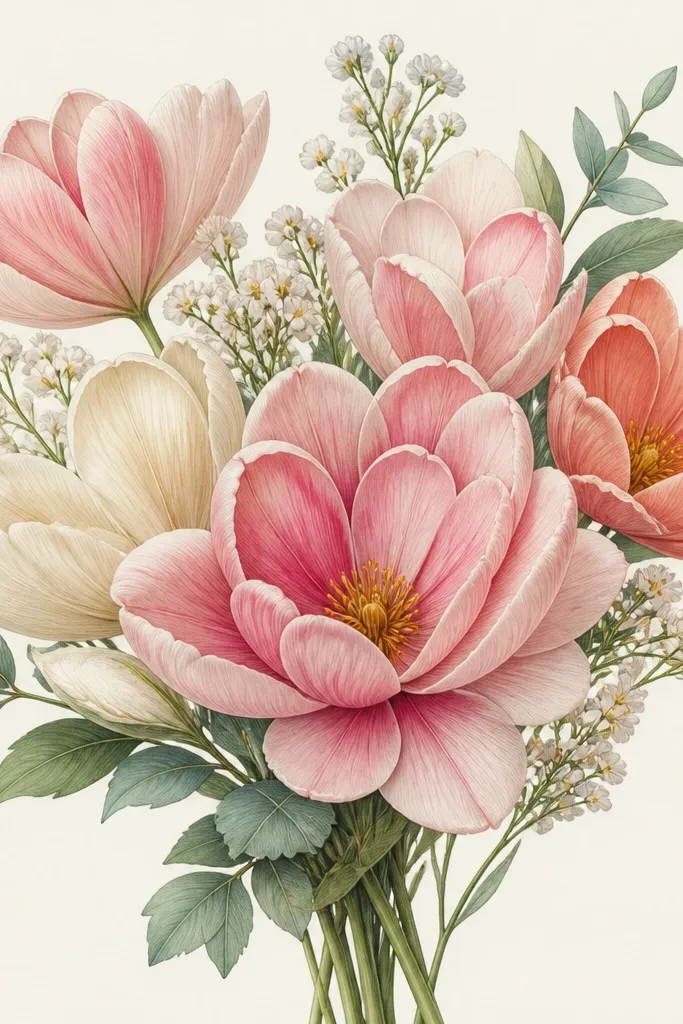 A bouquet drawing where several petals have a heart-like fold shape. The fold lines create a gentle indentation in the petal, and the petals overlap around the bloom center.