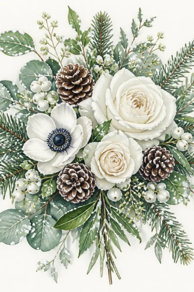 A bouquet drawing for a winter holiday card with tiny snow dots scattered along leaf edges. The dots are white gel pen marks with a faint shadow outline in pale gray.