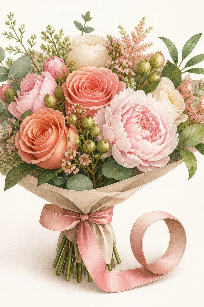 A bouquet drawing includes a ribbon tail that curls into a loop. There is one clear twist line inside the curl, and the ribbon has a gentle shadow on its underside.