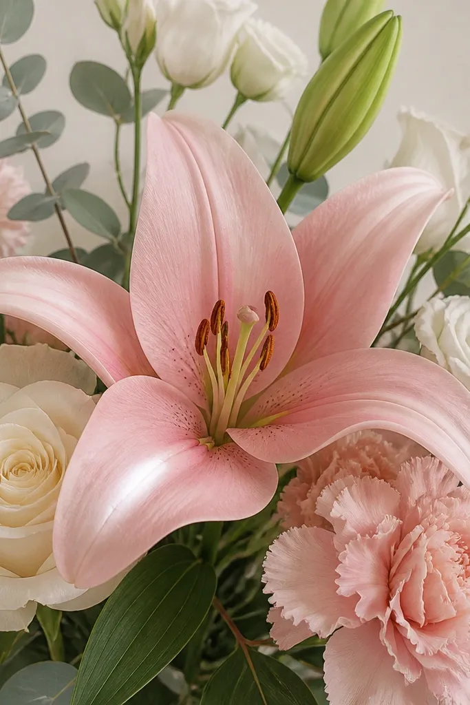 A bouquet drawing where one prominent petal has a satin-like shine band. The band is a thin, curved white strip with soft edges, placed along the petal curve.