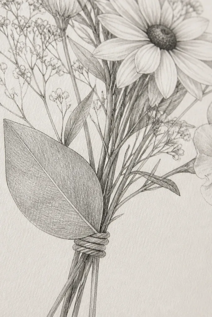 A bouquet sketch includes a small knot of twine wrapping around a stem near a leaf. The twine is drawn as a few tight loops, and the leaf overlaps the knot slightly.