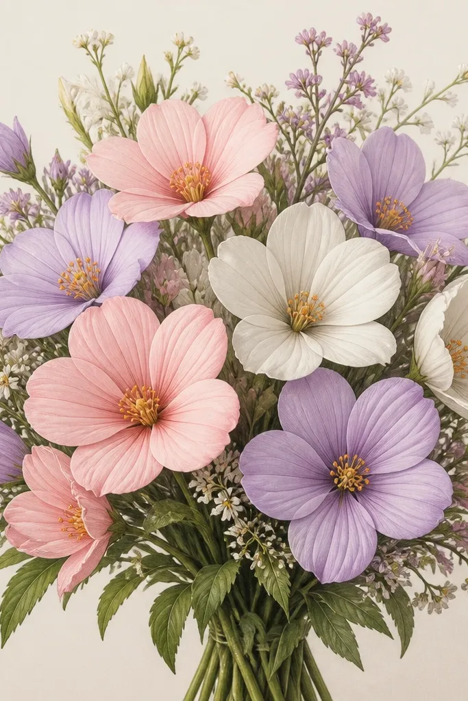 A bouquet drawing shows petals with very small vein marks. Each petal has three short lines near the center, tapering toward the edges.