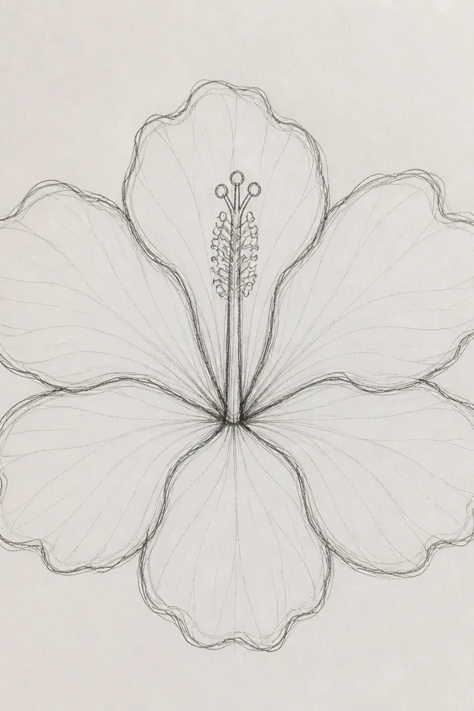 A centered hibiscus flower drawing. Six rounded petals form a near-perfect ring. Each petal has a clear inner boundary line where it overlaps the next. The throat is darker with a small pale highlight at the top of the bloom. Fine vein lines radiate from the center like spokes.