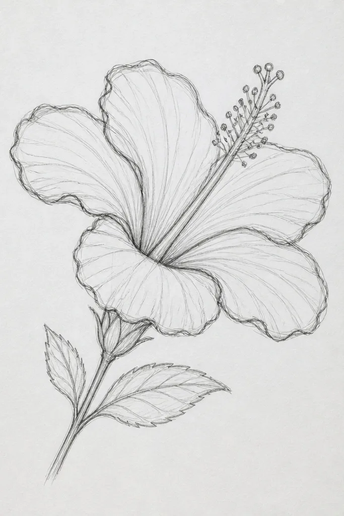 A hibiscus drawn at a slight angle, with only five main petals clearly visible and one partially hidden behind another. The far petal edge is lighter and thinner, while the near petal has a bolder outline. The throat sits slightly off-center and has a strong shadow under the overlapping edge.