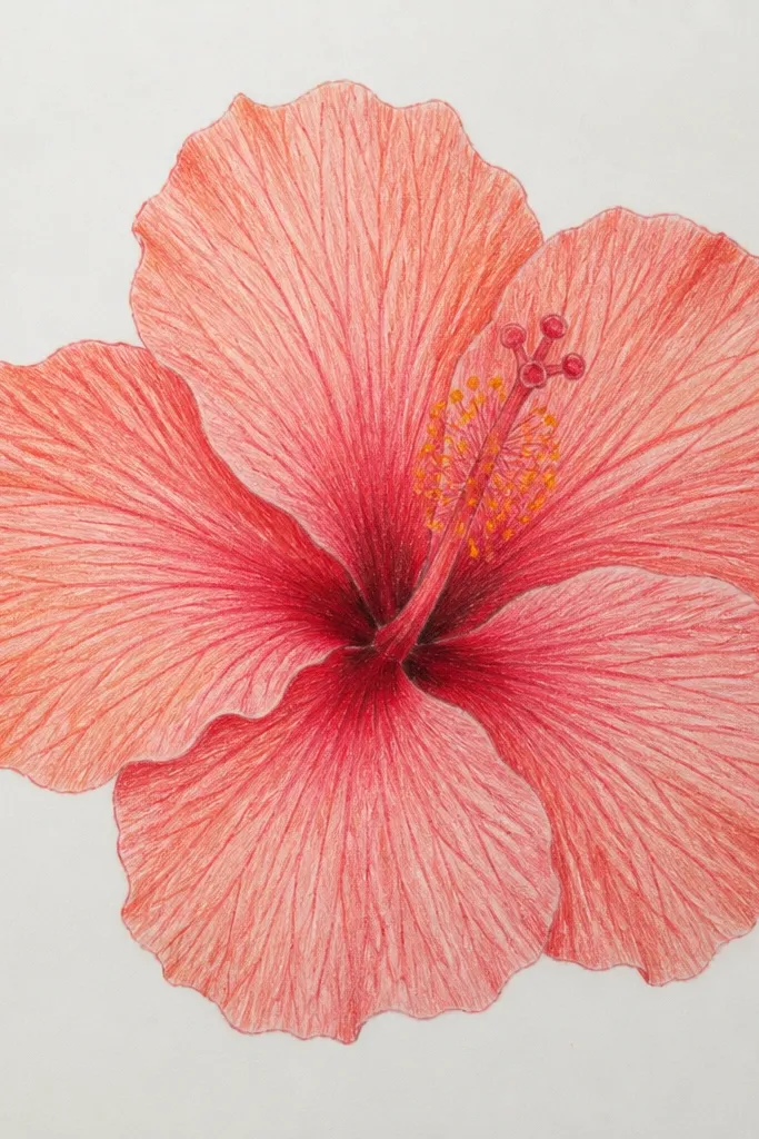 A hibiscus petal cluster where the main focus is on vein lines. Each petal shows several veins that start close together at the center and spread outward. Veins vary in thickness, with thin tapered ends near the petal tips. The petals are lightly shaded, leaving the veins crisp and readable.