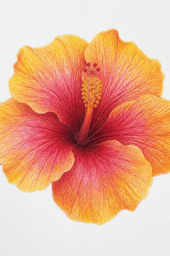 A hibiscus drawing where each petal has a clear two-zone look: a lighter outer area and a darker inner area near the throat. The transition is curved and follows the overlap direction. Veins remain visible across both zones, and the throat is darker than the inner petal zone.