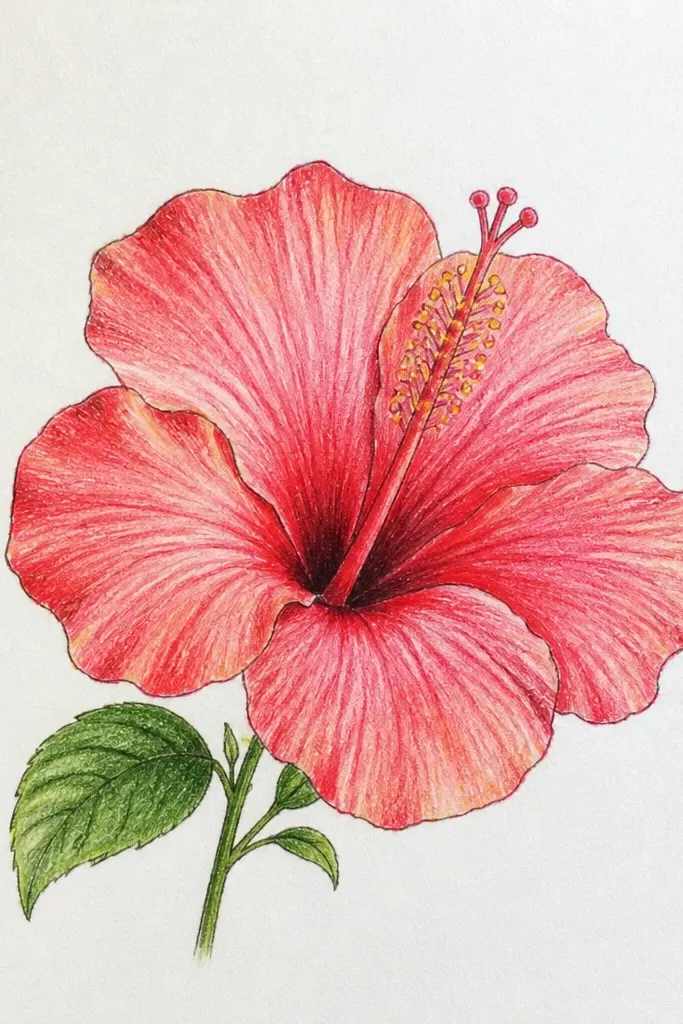 A crisp hibiscus drawing with dark ink outlines on the outer petal edges and overlap boundaries. Inside, the petals have graphite shading in smooth gradients. Veins are faint and mostly graphite, while the edges look sharp and clean.