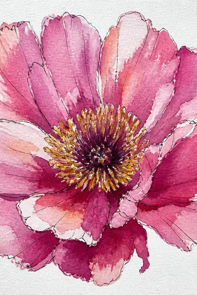 A hibiscus drawing where the petals nearly touch the page edges. The petals are large and bold, with strong overlap shadows. The throat is centered, and the stamen is small but clear. Veins are visible and slightly exaggerated by the large scale.