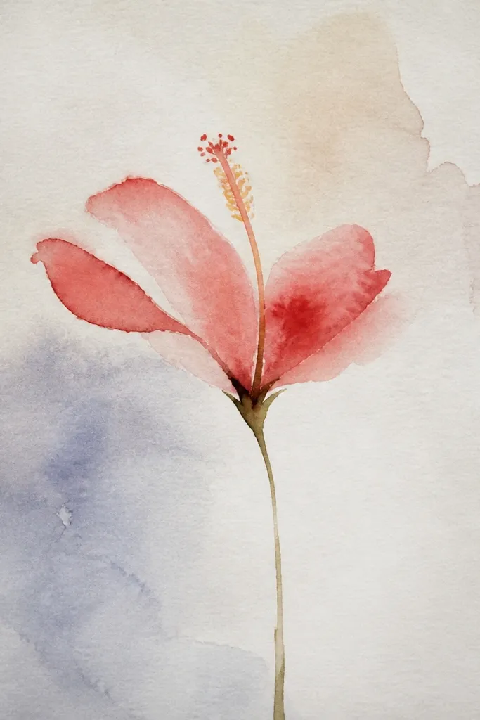 A clean hibiscus sketch with mostly line work. Only three small shading pockets appear: one under an overlap petal, one around the throat ring, and one on a single petal underside. Veins are simple, with a few radiating lines on each petal.