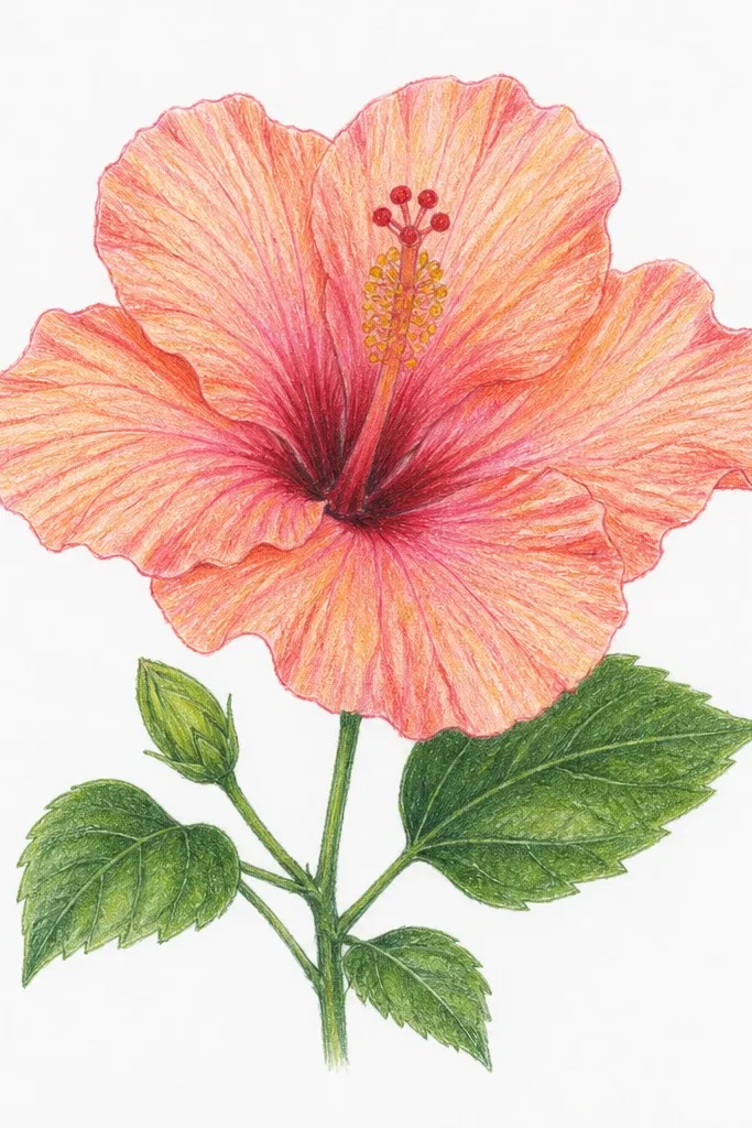 A hibiscus drawing with graphite veins visible under a light colored pencil wash. The petals have soft pink and red tones, with darker edges near the throat. The veins show as slightly darker lines under the color, and the throat has a deeper maroon wash.