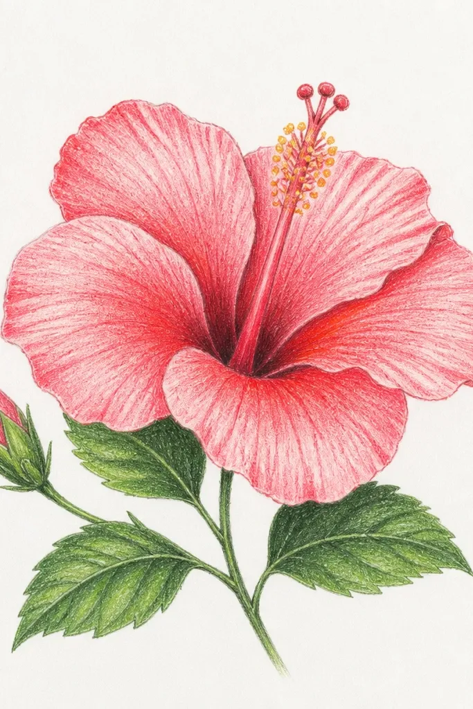 A hibiscus drawing where the inner petal area has a stippled graphite texture. The outer petals look smoother, while the inner petals near the throat have visible dot patterns. The throat ring is darker with denser stippling, and veins remain clear.