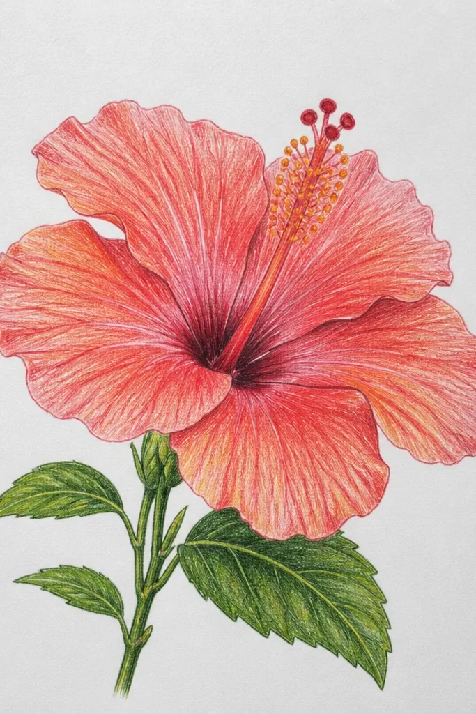 A hibiscus drawing centered on the stamen. The filaments are thin, slightly curved lines leading into anthers. The anthers show tiny dotted shading. The petals are simplified in the background with light outlines and minimal shading.