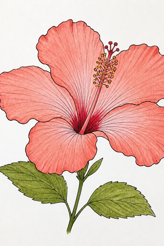 A hibiscus drawing with bright marker color along the outer petal edges and overlap boundaries. The interior is graphite shaded in soft grays. The marker edges create a crisp rim effect, and the throat ring is dark graphite with a small pale highlight.