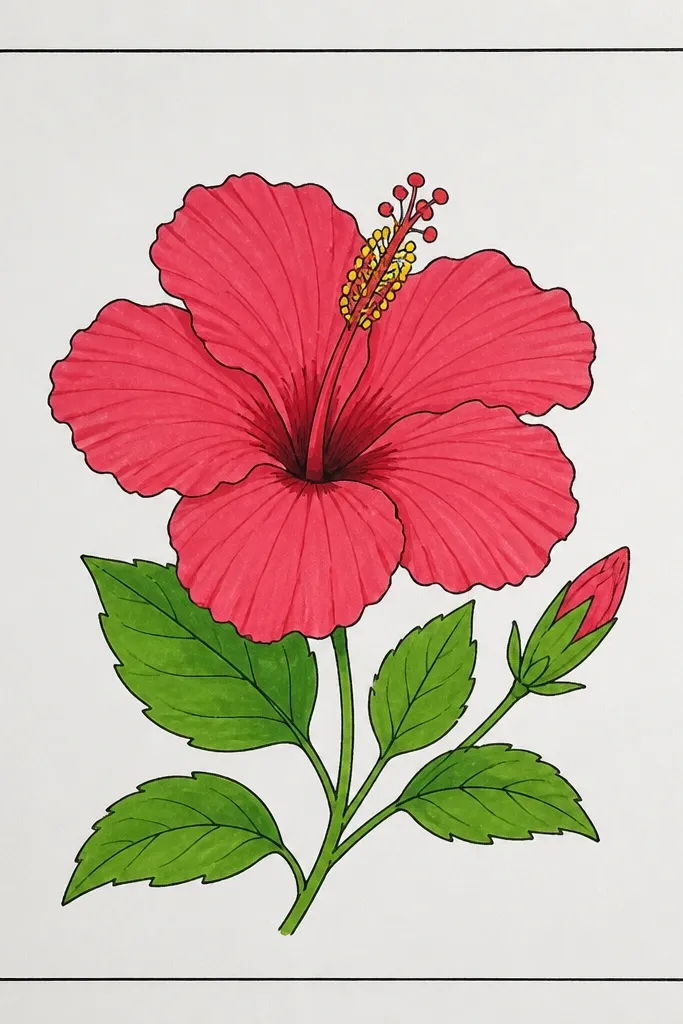 A hibiscus drawing inside a square border. The flower sits slightly above center, leaving a clean margin around it. Petals overlap with clear shadows, and the veins are visible but not overworked. The square frame makes the bloom look like a print-ready illustration.
