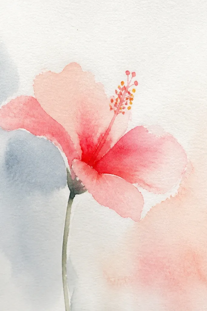 A hibiscus drawing with graphite outlines and soft watercolor-like washes. The petals have blurred edges and smooth gradients, especially in the inner zones. Veins appear as lighter lines under the wash, and the throat has a darker, blended center.