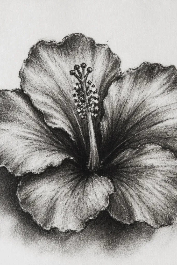 A hibiscus drawing with exaggerated shadows under the overlapping petals. Petals have sharp highlight edges and darker undercut areas. The throat is very dark with a strong contrast ring. The overall bloom looks like it's lit from above with a clear light source.