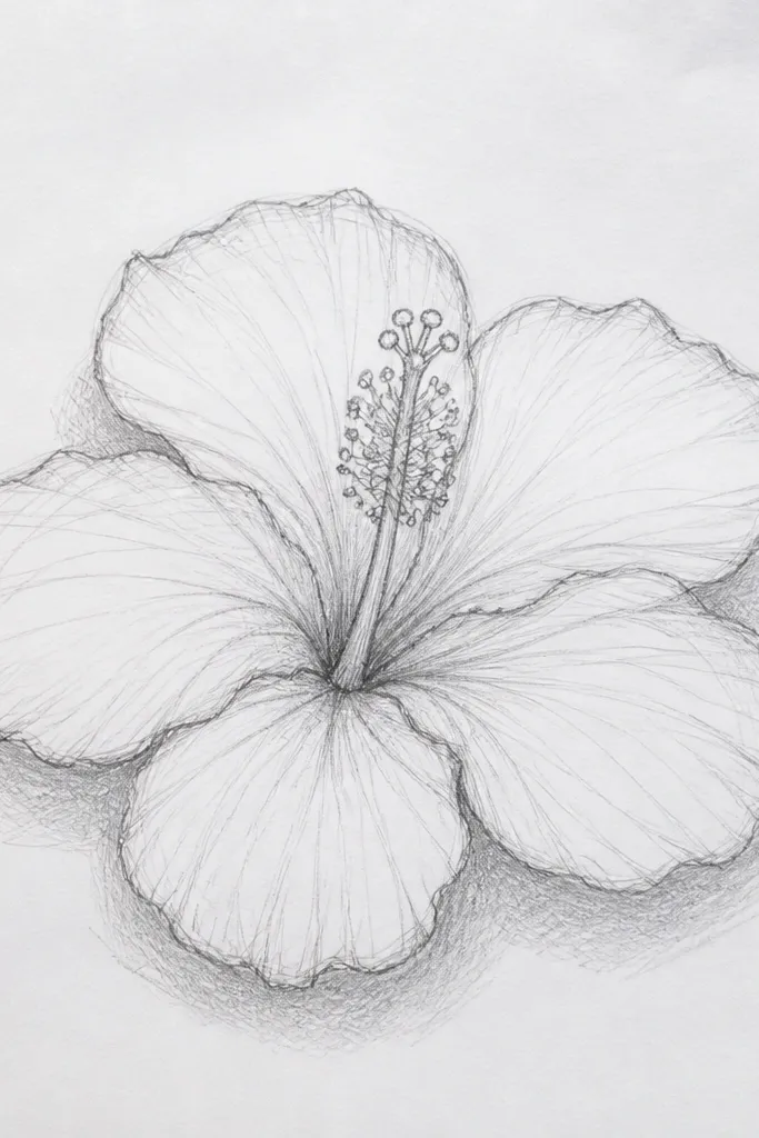 A hibiscus drawing with soft cast shadows on the paper around the petals. The bloom is crisp, and faint gray shadow shapes appear beneath the lower petal edges and near the throat. The background stays mostly white, with shadows only where petals would block light.