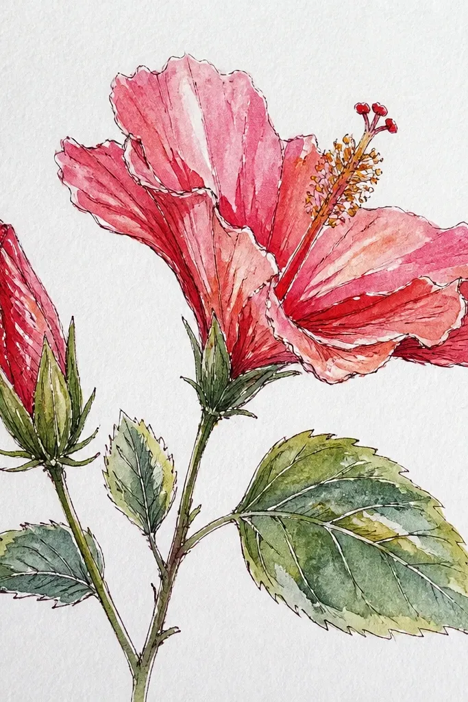 A hibiscus composition with a closed bud on one side and a half-open blossom on the other. The bud is a tight spiral of petals, while the open bloom shows layered petals and a visible throat. The veins are drawn on the open petals and simplified on the bud.