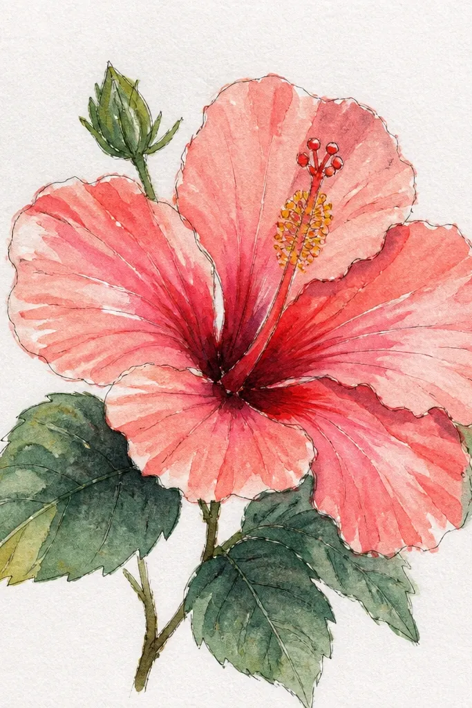 A hibiscus drawing where two opposite petals are shaded as mirror images. The transition lines and shadow wedges match on both sides. The throat is centered, and the veins branch similarly on the mirrored petals.