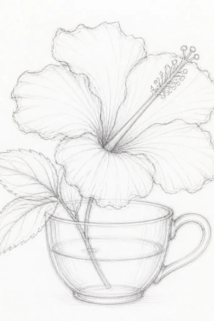 A detailed hibiscus bloom drawn inside a clear glass teacup, with translucent petals showing wet-on-wet watercolor glow, a crisp darker outline on the petal edges, and soft reflections on the cup rim and handle.