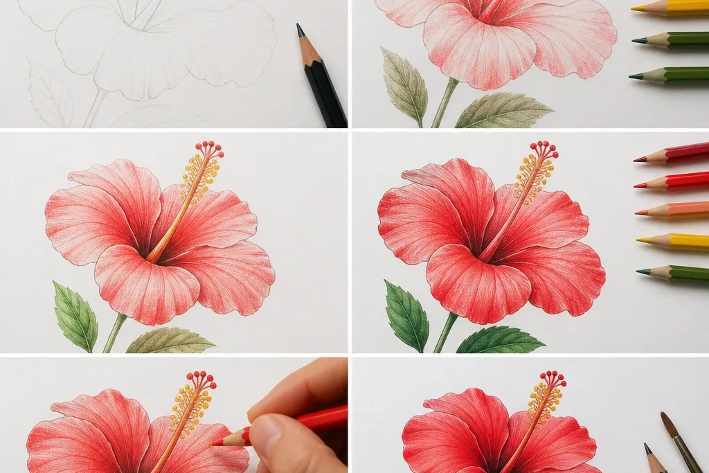 Detailed hibiscus flower drawing lessons