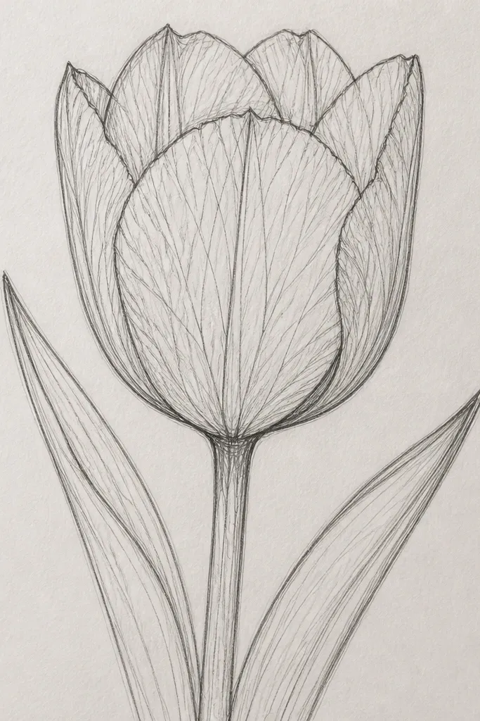 A tight drawing of a single red tulip head filling the page. The outer petal rim has crisp dark outlines, and the inner petals show fine pencil-vein lines like a map. A bright white highlight sits on the upper petal fold; the center crease is shaded very dark.