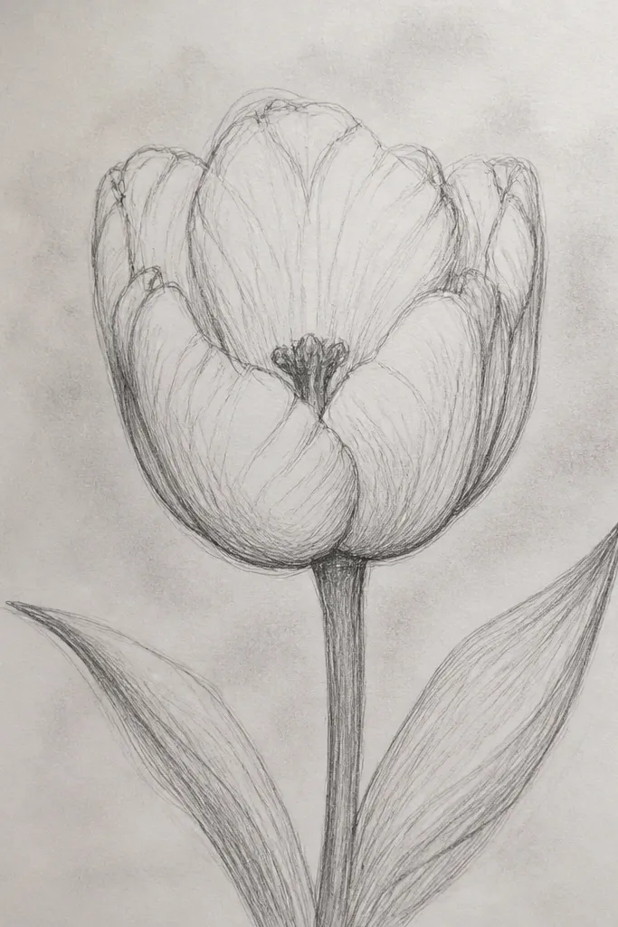 A mostly white tulip head on a pale gray sheet. The petals are rendered with very light graphite smudges, and only the center crease and pollen area are deeply shaded. A single highlight stripe runs across the top petal.