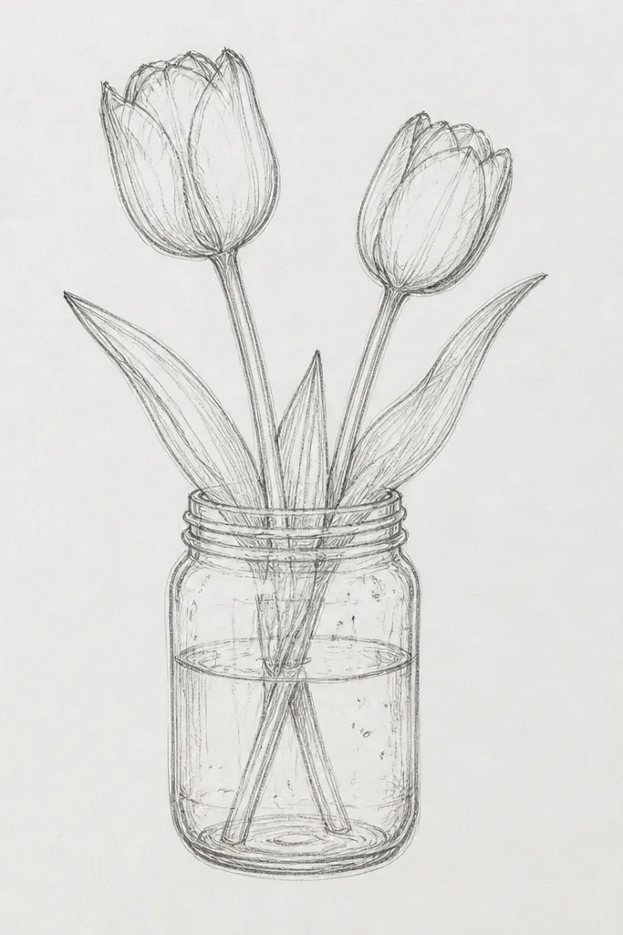 Two tulip stems in a clear glass jar. The glass has curved reflections, tiny condensation dots, and a thicker darker line where the glass meets the shadow. The tulips show mid-tone shading and crisp petal edges.