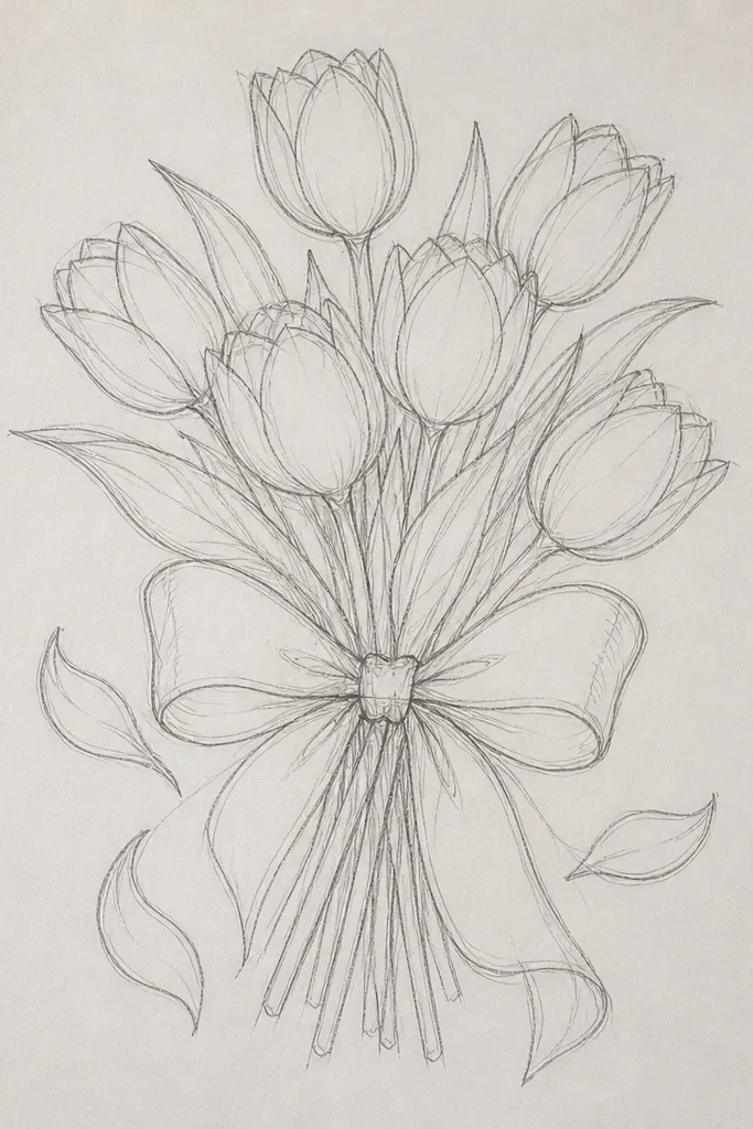 A small bouquet of three tulips wrapped with a ribbon bow. The bow tails have gentle folds, and the tulip petals show ribbon-like highlights running along the curves. The background is minimal with a soft gray wash.